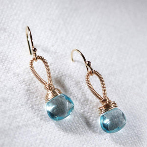 Swiss Blue Topaz gemstone Earrings hand wrapped in 14 kt Gold Filled