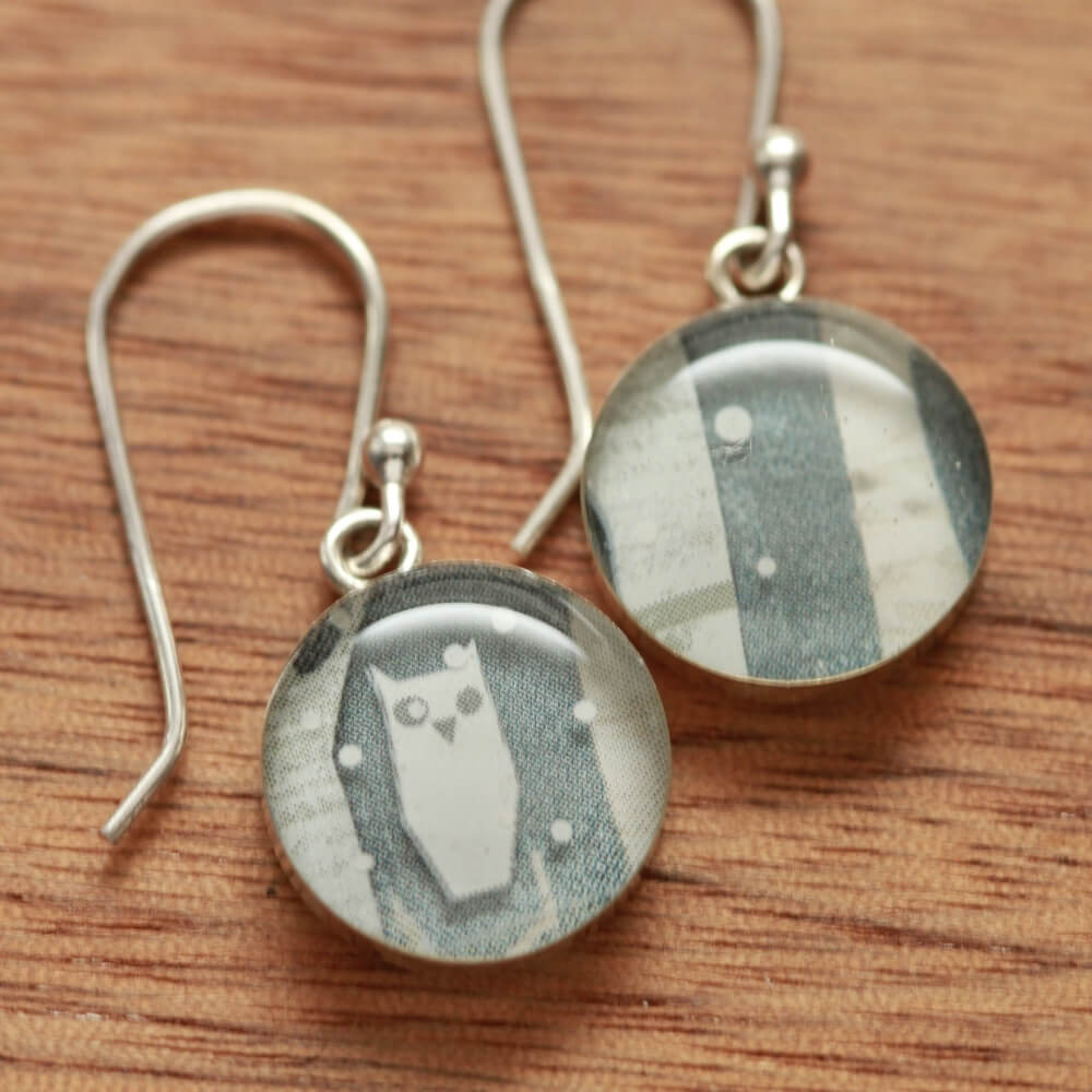 Owl earrings made from recycled Starbucks gift cards, sterling silver and resin