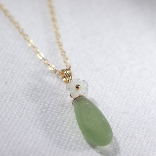 olive green Sea Glass necklace in 14kt GF with a carved MOP flower