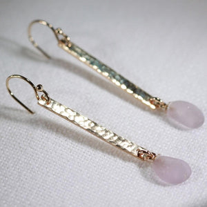 Lavender Sea Glass hammered bar earrings in 14 kt gold-filled