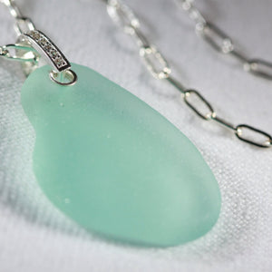 Large Aqua Sea Glass One of a Kind Necklace in Sterling Silver