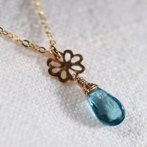 London Blue Topaz Briolette gemstoneNecklace with 14 kt Gold-Filled hammered flower