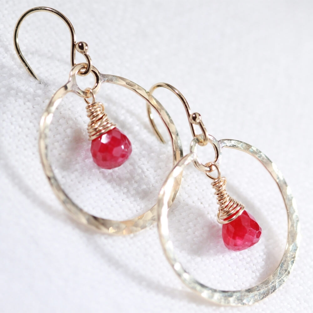 Ruby gemstone and Hammered Hoop Earrings in 14 kt Gold Filled
