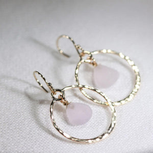 Lavender Sea Glass on hammered 14 kt gold-filled hoops