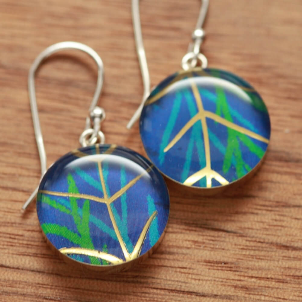 Jungle blue earrings made from recycled Starbucks gift cards, sterling silver and resin