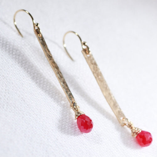 Ruby and Hammered Bar Earrings in 14 kt Gold Filled