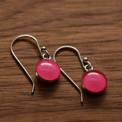 Fuchsia Pink earrings made from recycled Starbucks gift cards, sterling silver and resin