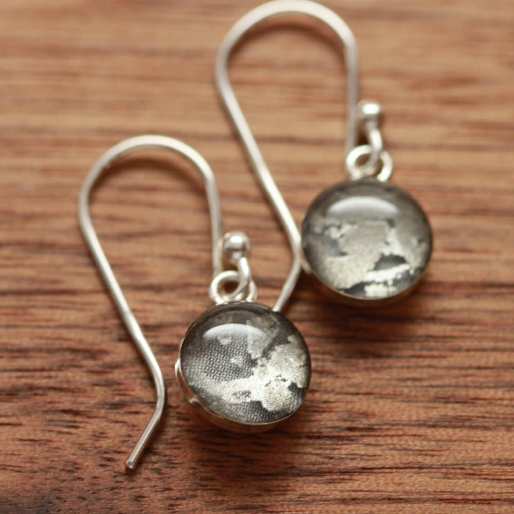 Silver Tiny abstract earrings made from recycled Starbucks gift cards, sterling silver and resin