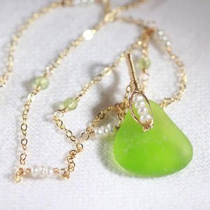 Lime Green Sea Glass, Peridot and freshwater pearls in 14kt GF