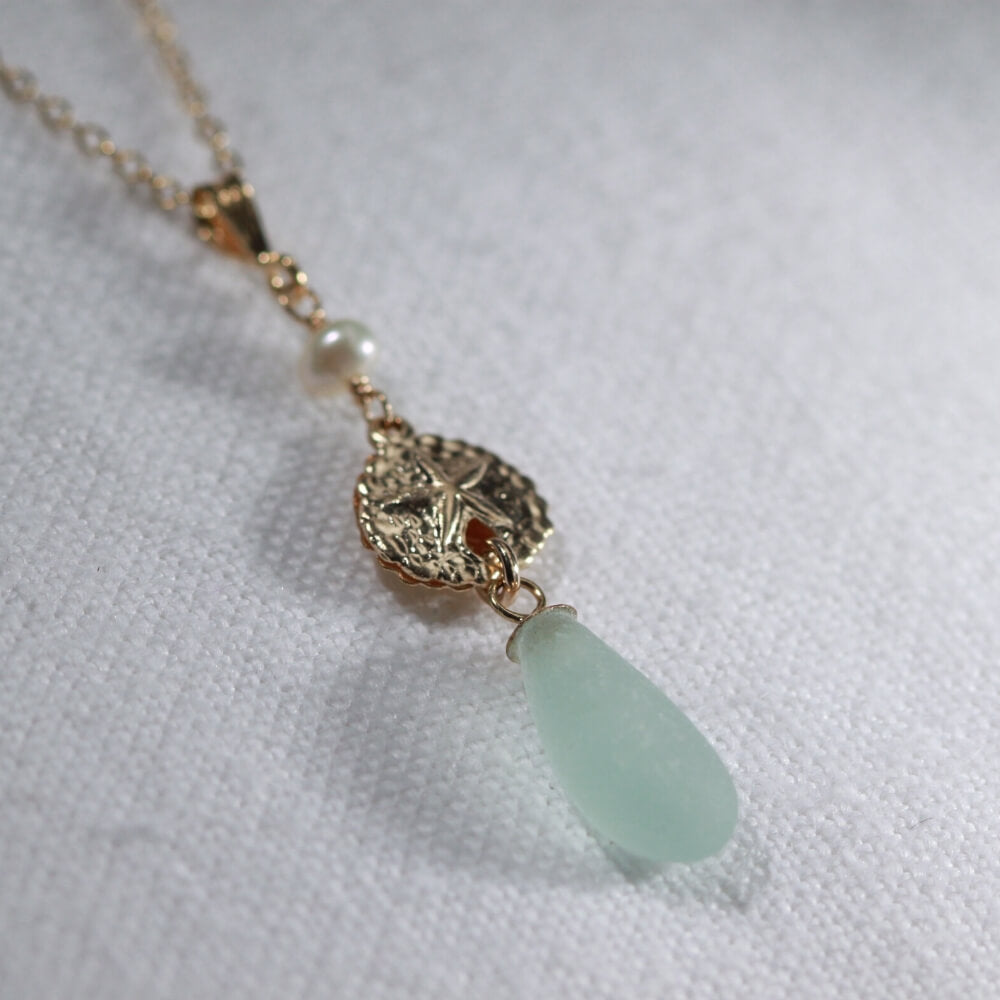 Ocean sea foam green Sea Glass necklace with Sand Dollar, pearl and 14kt GF