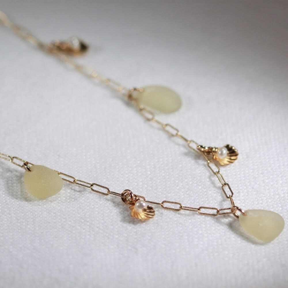 Yellow sea glass, freshwater pearl and 14kt GF shell charm