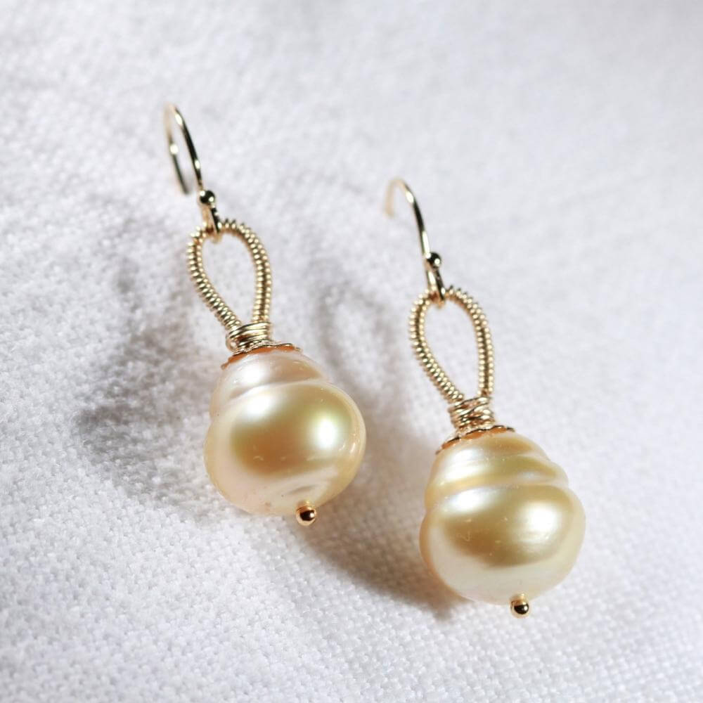 South Sea Golden Pearl Earrings hand wrapped in 14 kt Gold Filled
