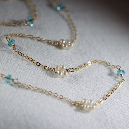 Swiss Blue topaz and Freshwater Pearl Link Necklace in 14kt Gold Filled