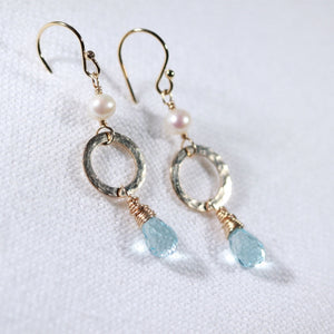 Swiss Blue Topaz Hammered circle Earrings in 14 kt Gold Filled