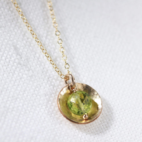 Peridot gemstone Necklace with Hammered disc in 14kt gold filled