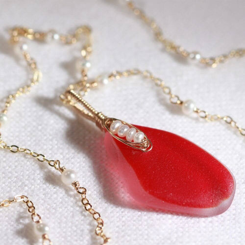 Red Flash Sea Glass, freshwater pearls in 14kt GF