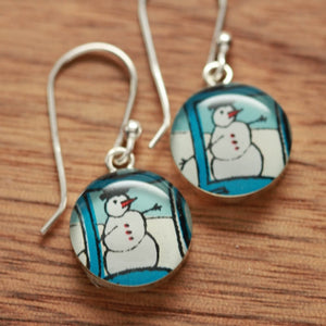 Snowman winter earrings made from recycled Starbucks gift cards, sterling silver and resin