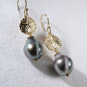 Tahitian Black Pearl with Sand Dollar Charm Earrings in 14kt gold filled
