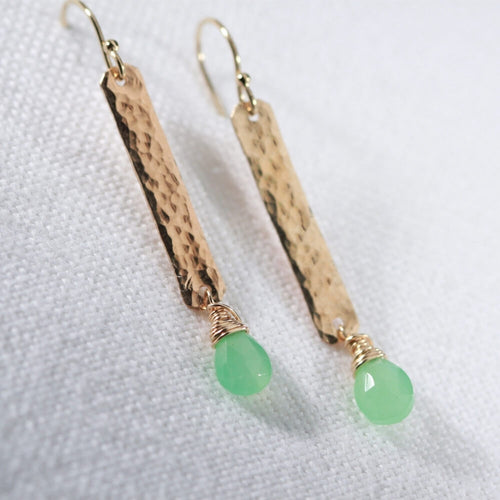 Chrysoprase gemstone and Hammered Bar Earrings in 14 kt Gold Filled