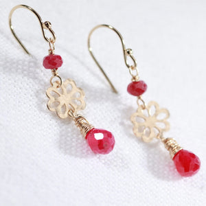 Ruby gemstone and hammered flower Earrings in 14 kt Gold Filled