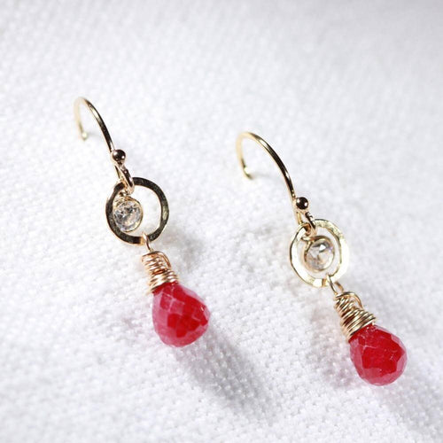 Ruby Gemstone, CZ and hammered circle Earrings in 14 kt Gold Filled