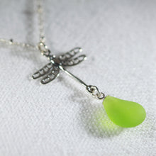 Load image into Gallery viewer, Sea Glass Dragonfly Charm Necklace in Silver (choose Color)