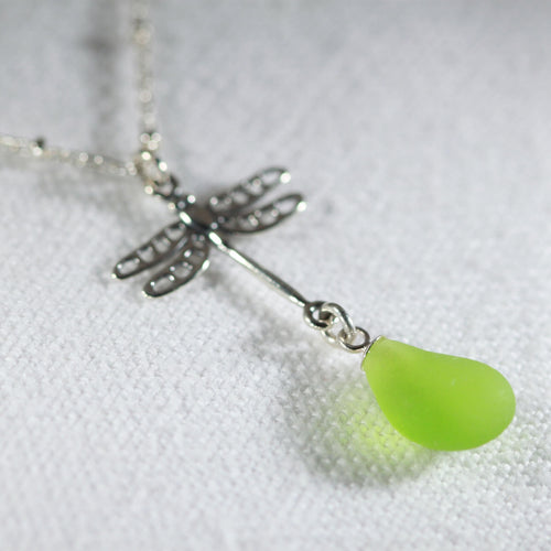Sea Glass Dragonfly Charm Necklace in Silver (choose Color)