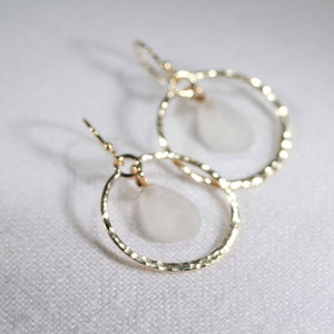 White Sea Glass on hammered 14 kt gold-filled hoops