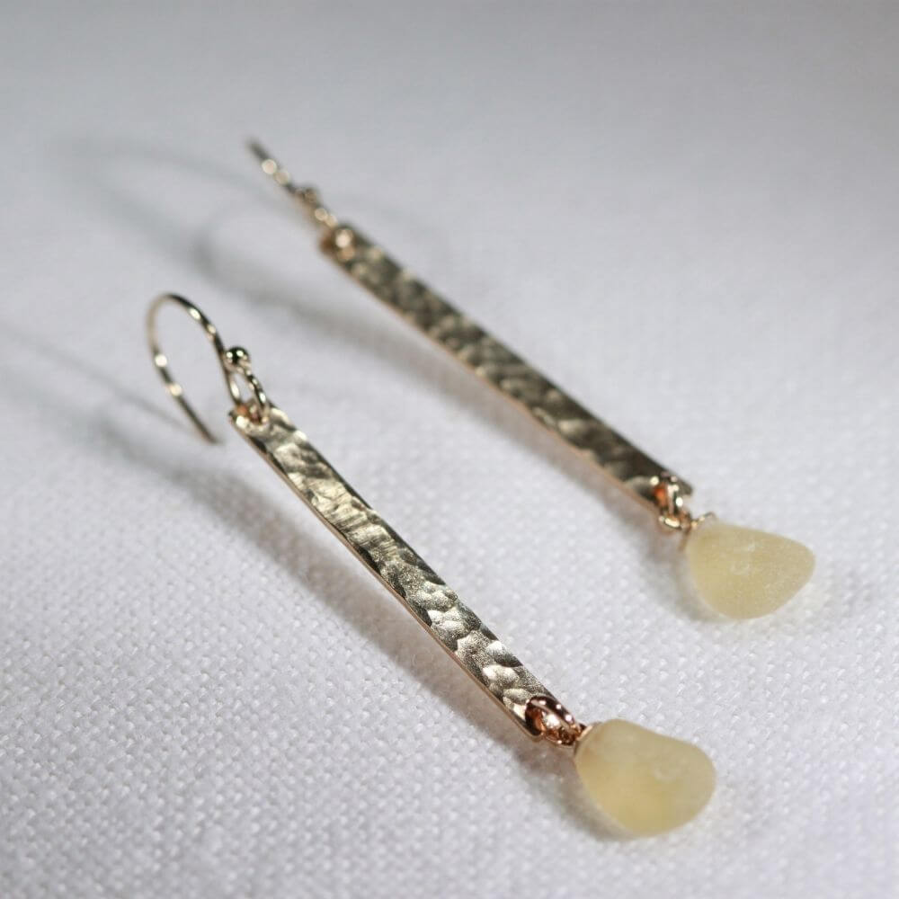 Yellow Sea Glass hammered bar earrings in 14 kt gold-filled