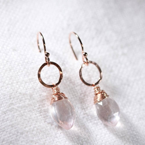 Rose Quartz and hammered circle Earrings in 14 kt Rose Gold Filled