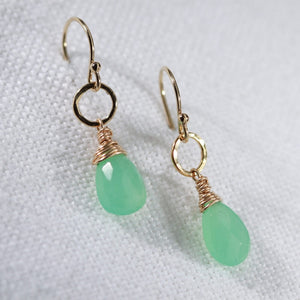 Chrysoprase gemstone and hammered circle Earrings in 14 kt Gold Filled