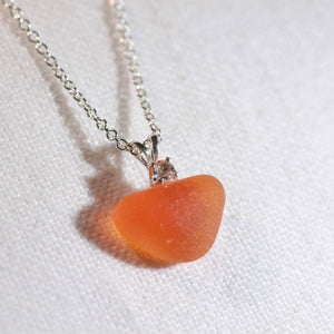Rare Orange Heart Sea Glass Necklace in Sterling Silver