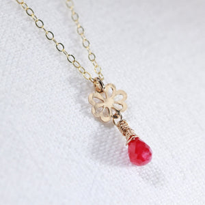 Ruby Briolette and hammered flower Necklace in 14 kt Gold-Filled