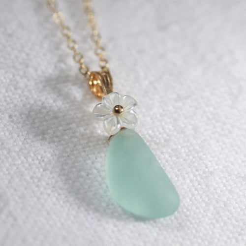 Light Aqua blue Sea Glass necklace in 14kt GF with a sweet carved MOP flower