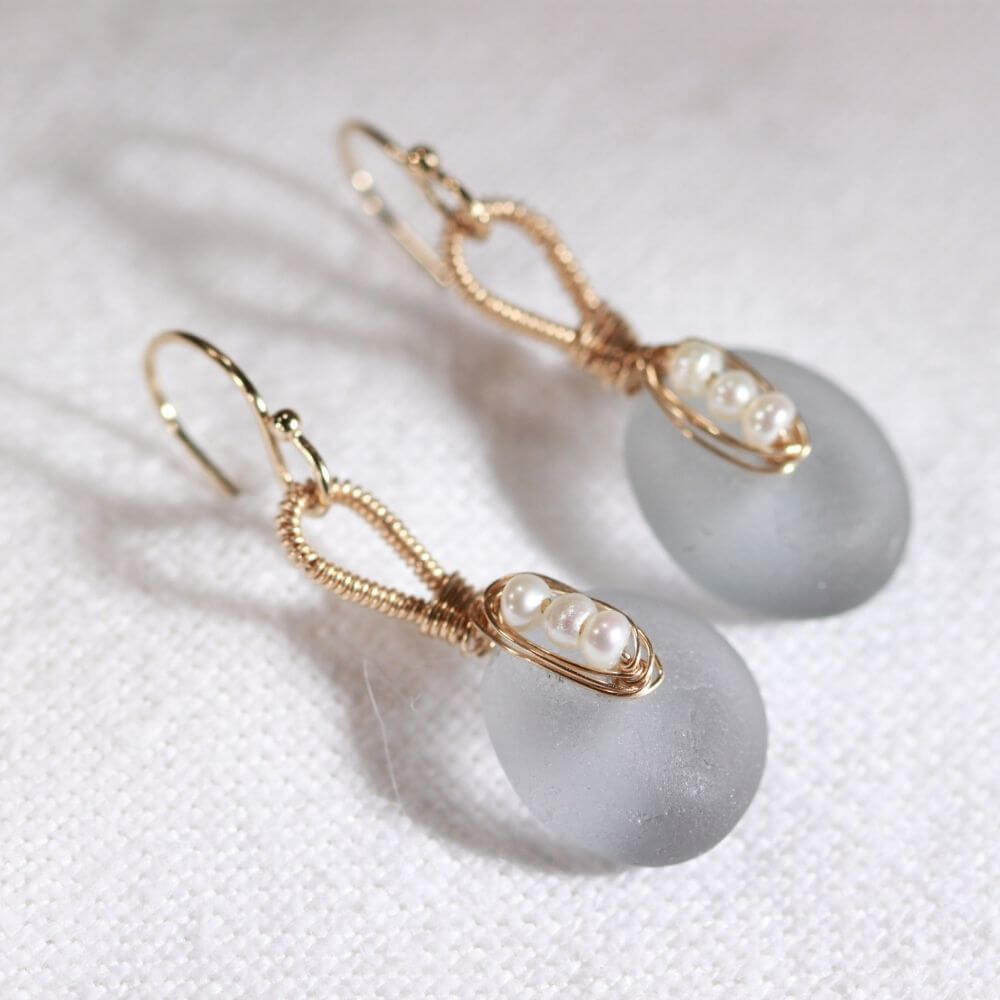 Gray Sea Glass and pearl Earrings in 14 kt gold-filled