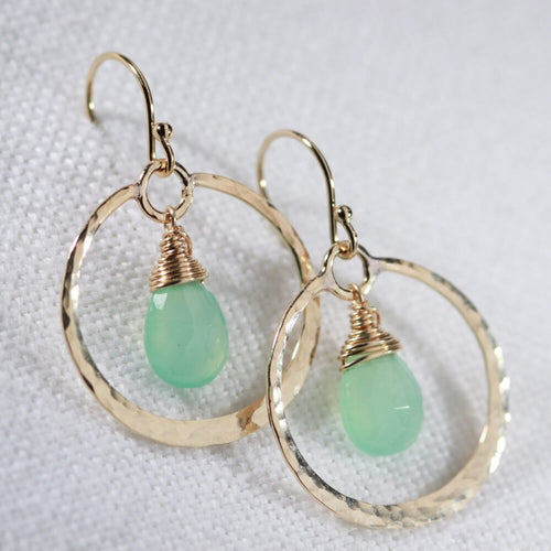 Chrysoprase gemstone and Hammered Hoop Earrings in 14kt gold filled