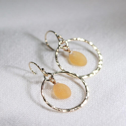 Yellow Sea Glass on hammered 14 kt gold-filled hoops