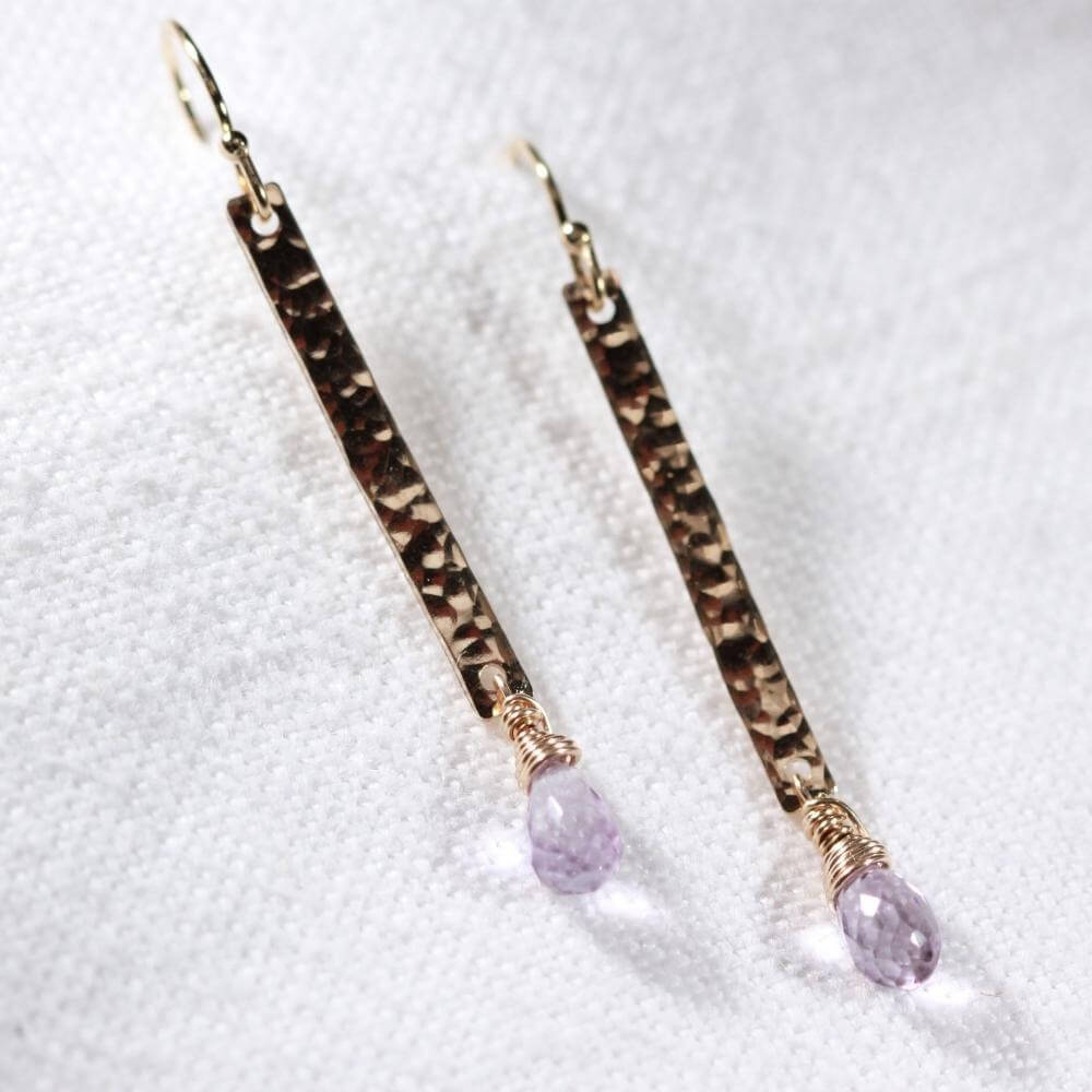Amethyst and Hammered Bar Earrings in 14 kt Gold Filled