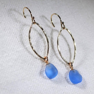 Cornflower Blue Sea Glass Earrings in hammered 14 kt gold-filled marquee hoop