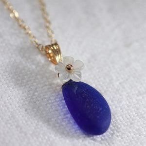 Cobalt Sea Glass necklace in 14kt GF with a sweet carved MOP flower