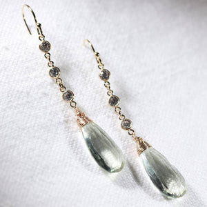 Green Amethyst and CZ Chain Dangle Earrings in 14 kt Gold Filled