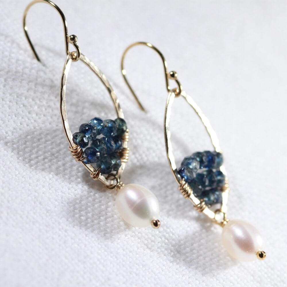 Sapphire gemstone and Hammered marquise Hoop Earrings in 14 kt Gold Filled