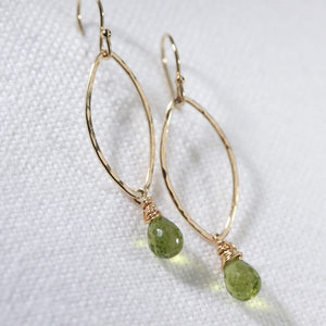 Peridot Hammered marquise Hoop Earrings in 14 kt Gold Filled
