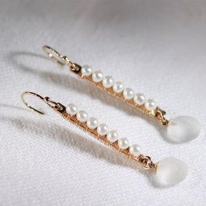 White Sea Glass and pearl wire wrapped Earrings in 14 kt gold-filled