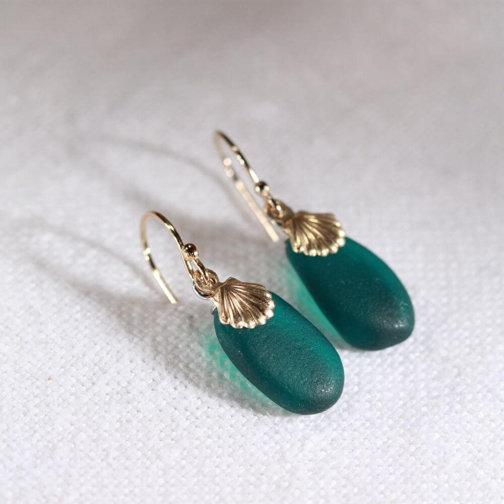 Deep Teal Sea Glass earrings and shell charm in 14 kt gold-filled