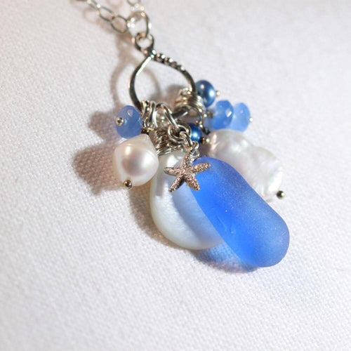 Cornflower Blue Sea Glass and Freshwater Pearl Treasure Necklace