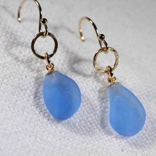 Cornflower Blue Sea Glass Earrings with hammered 14 kt gold-filled circle
