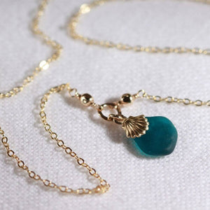 Deep Teal English Sea Glass sweet necklace in 14kt GF