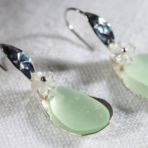 Fancy Ear Wire Floating Silver Bezel and Sea Glass Earrings (Choose Color)