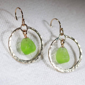 Lime green Sea Glass on hammered 14 kt gold-filled hoops